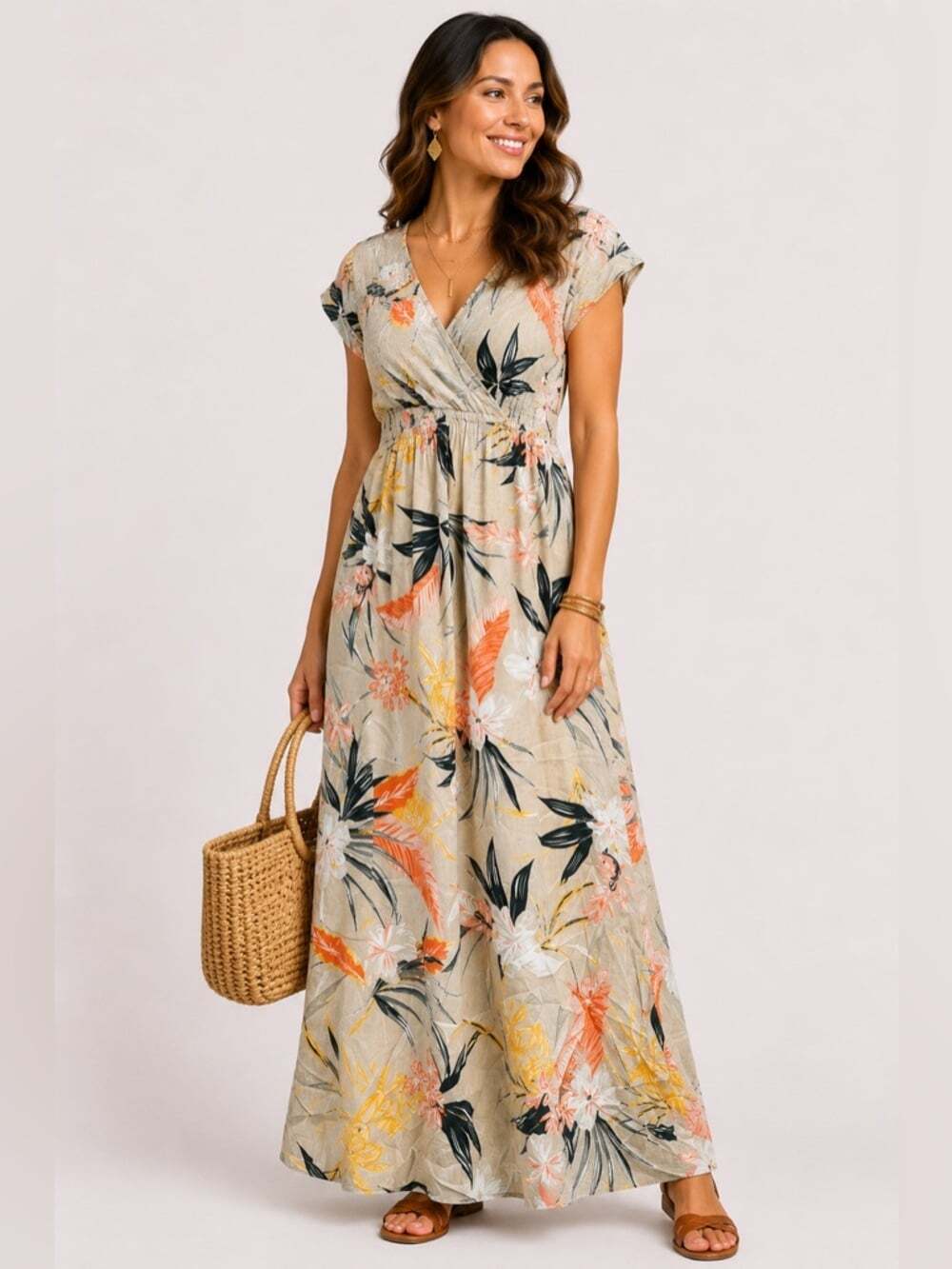 Patrons of Peace Beige Floral Maxi Dress Size S Smocked Boho Summer Vibes